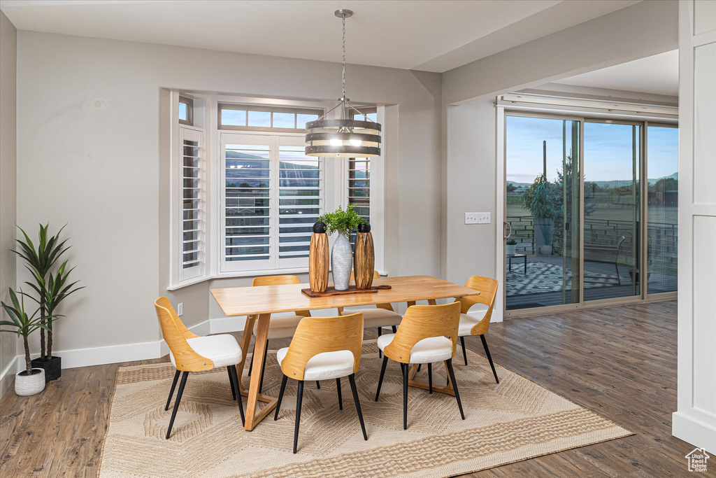 Dining space featuring baseboards, wood finished floors, plenty of natural light, and a chandelier