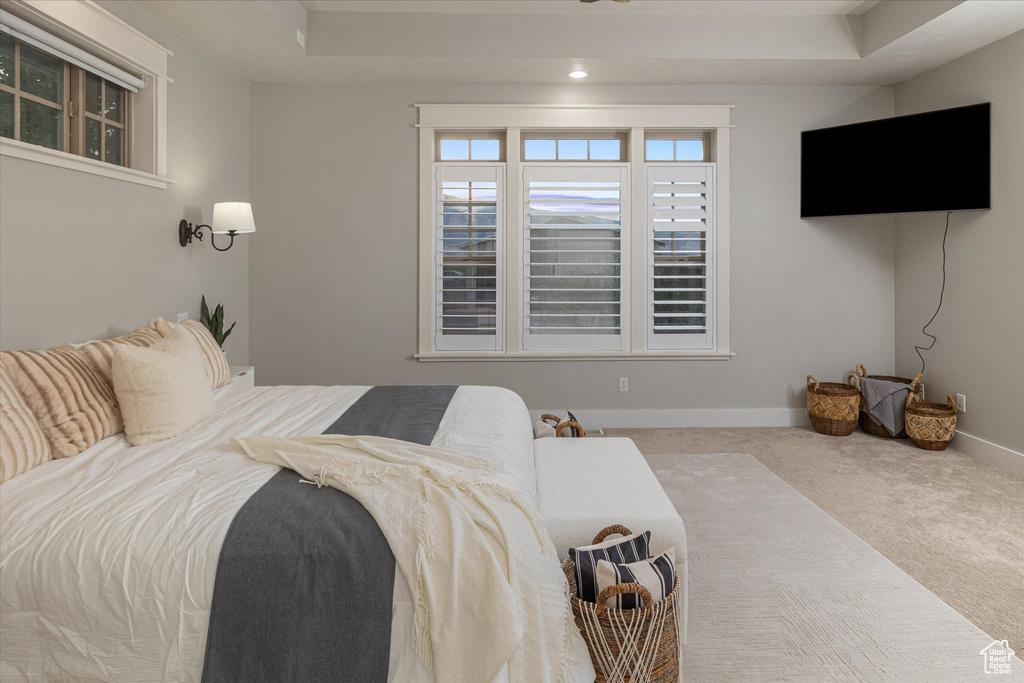 Carpeted bedroom with baseboards and a tray ceiling