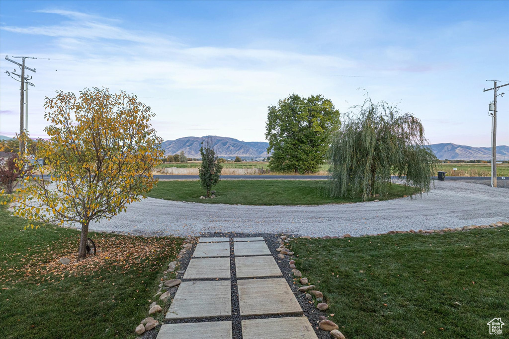 View of property\'s community featuring a mountain view and a lawn