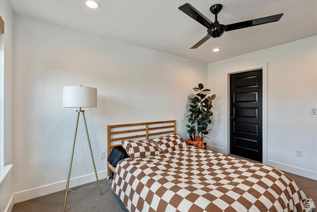 Bedroom featuring carpet flooring, recessed lighting, baseboards, and ceiling fan