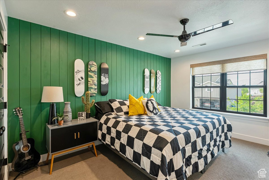 Bedroom featuring carpet flooring, recessed lighting, and ceiling fan