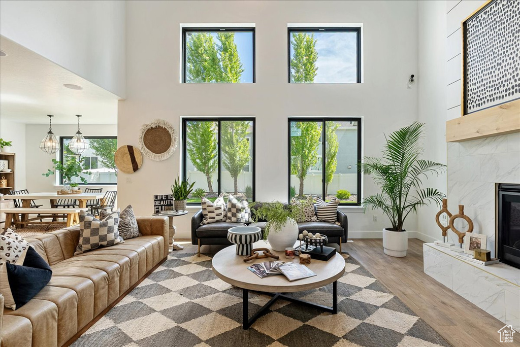 Living area featuring a premium fireplace, wood finished floors, and a high ceiling