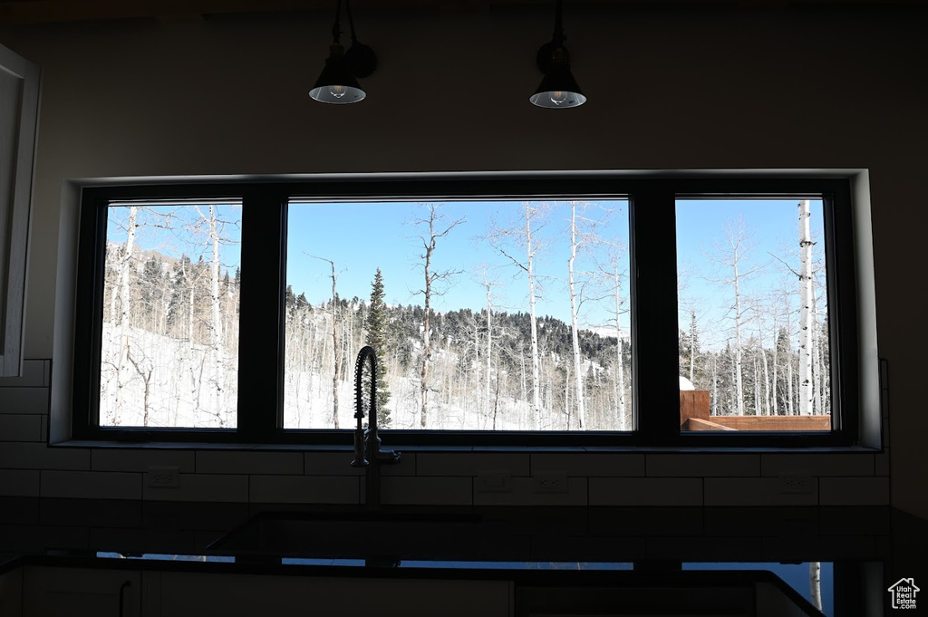 Kitchen view of dark countertops, a sink, and a forest