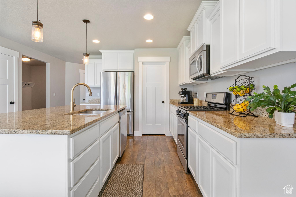 Kitchen featuring stainless steel appliances, a sink, dark wood-type flooring, recessed lighting, and white cabinets