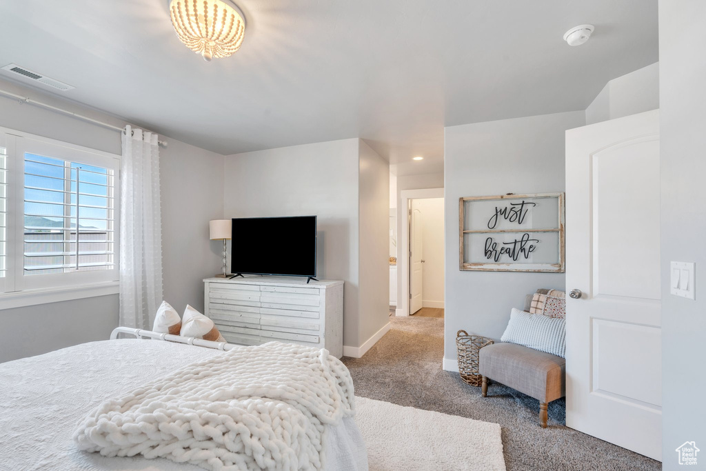 Bedroom featuring carpet flooring, baseboards, and recessed lighting