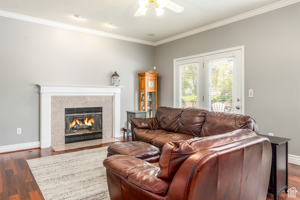 Living area featuring a ceiling fan, a fireplace, dark wood-type flooring, crown molding, and baseboards