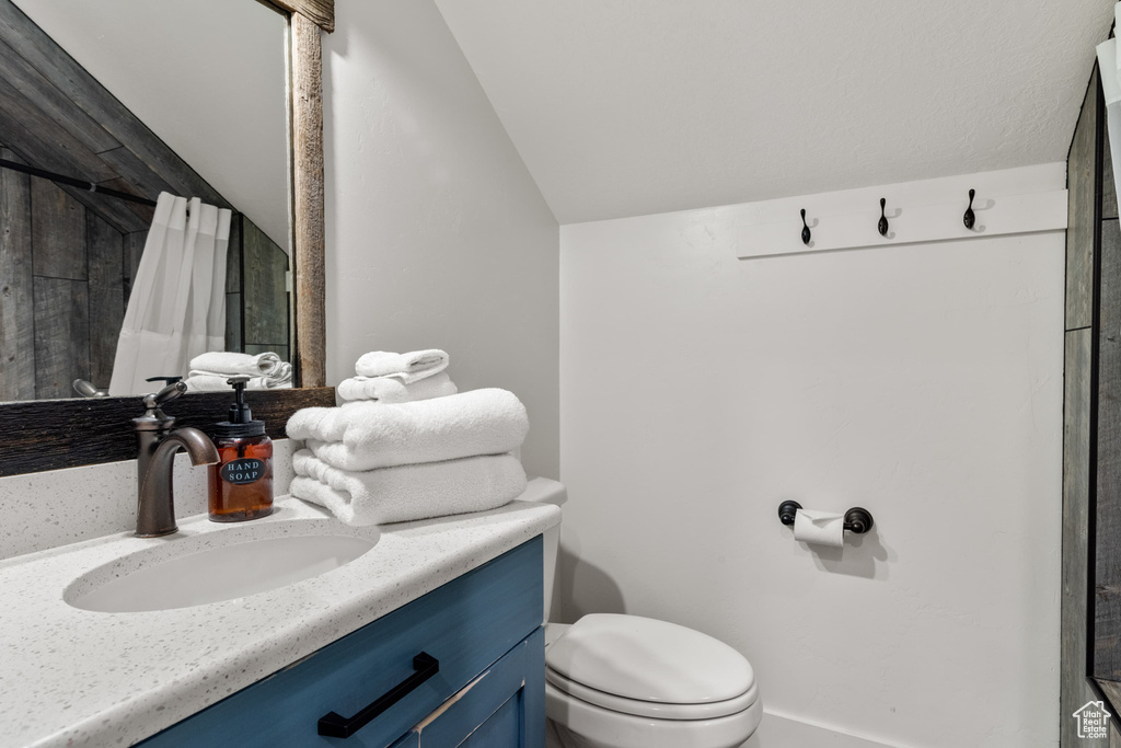 Full bathroom featuring vaulted ceiling, vanity, toilet, and a shower with curtain