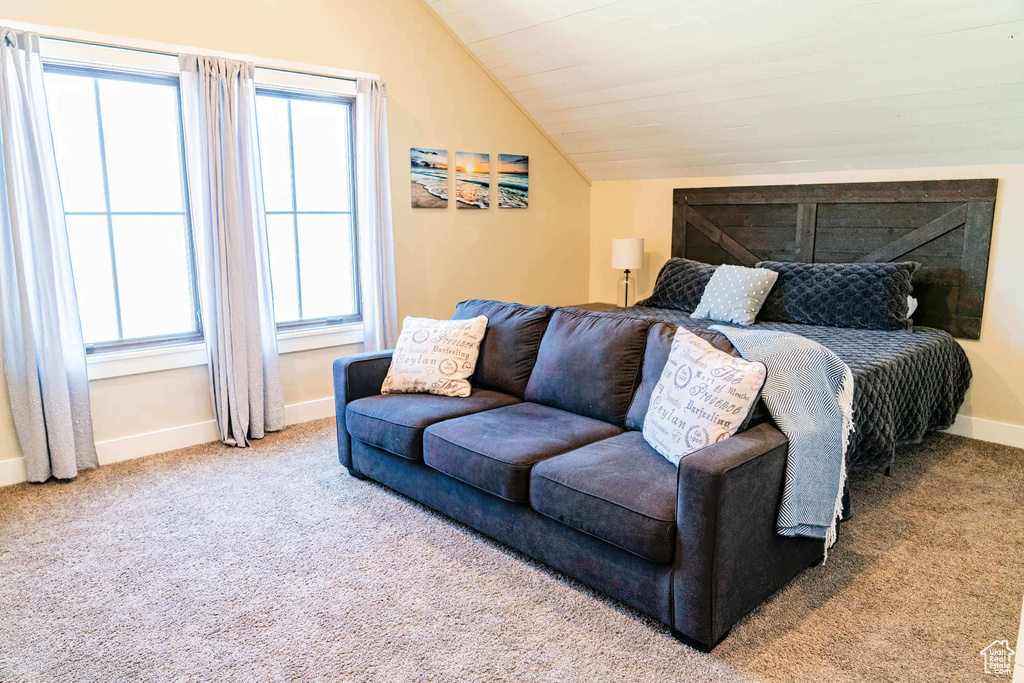 Bedroom featuring vaulted ceiling, carpet floors, multiple windows, and baseboards