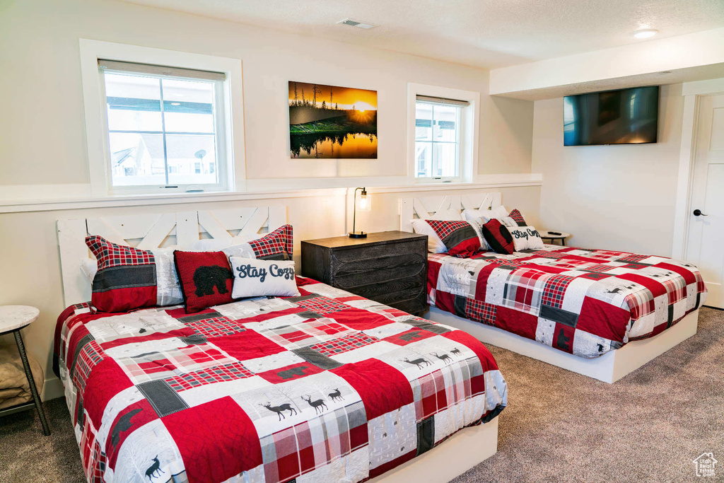 Carpeted bedroom featuring multiple windows