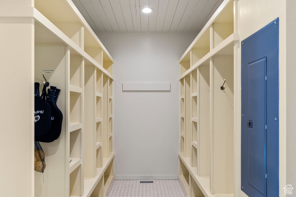 Mudroom featuring baseboards, wood ceiling, recessed lighting, and tile patterned flooring