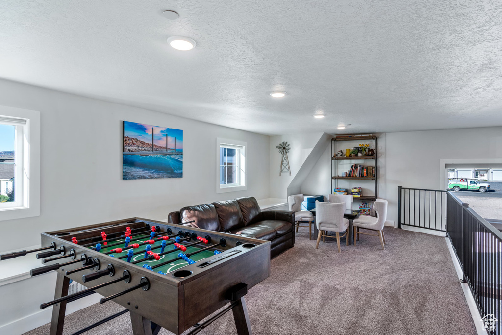 Rec room featuring carpet, a textured ceiling, and recessed lighting