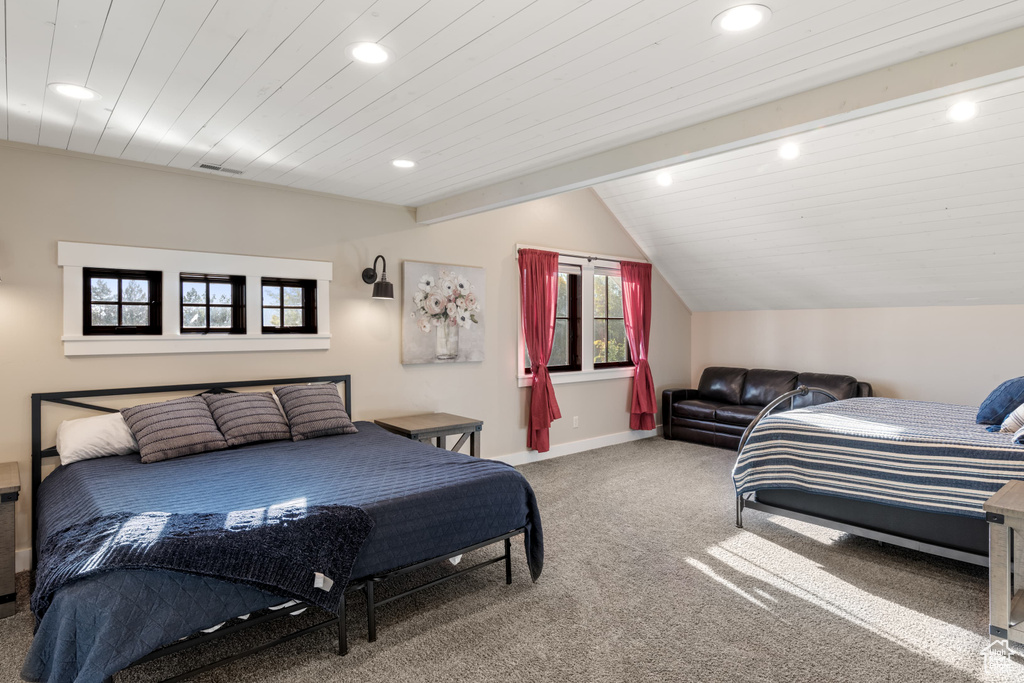 Bedroom featuring carpet floors, recessed lighting, lofted ceiling, baseboards, and wooden ceiling
