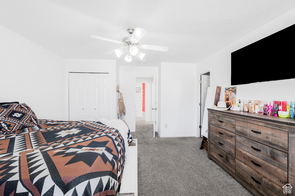 Carpeted bedroom with a closet and ceiling fan