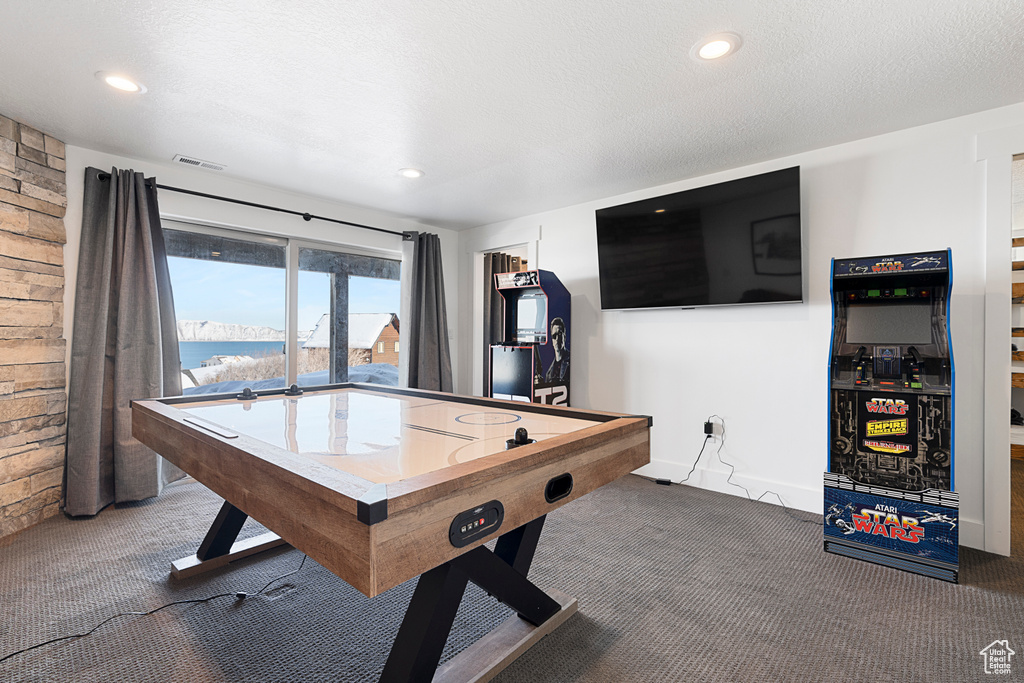 Recreation room featuring carpet and recessed lighting