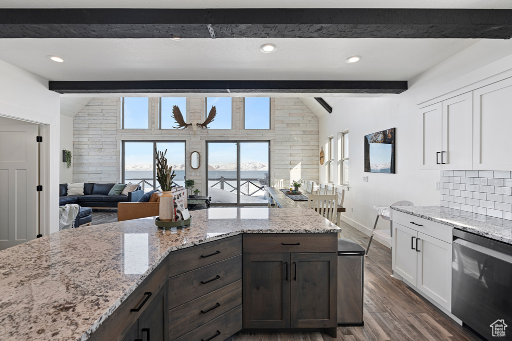 Kitchen featuring dishwasher, baseboards, dark wood-type flooring, white cabinetry, and light stone counters