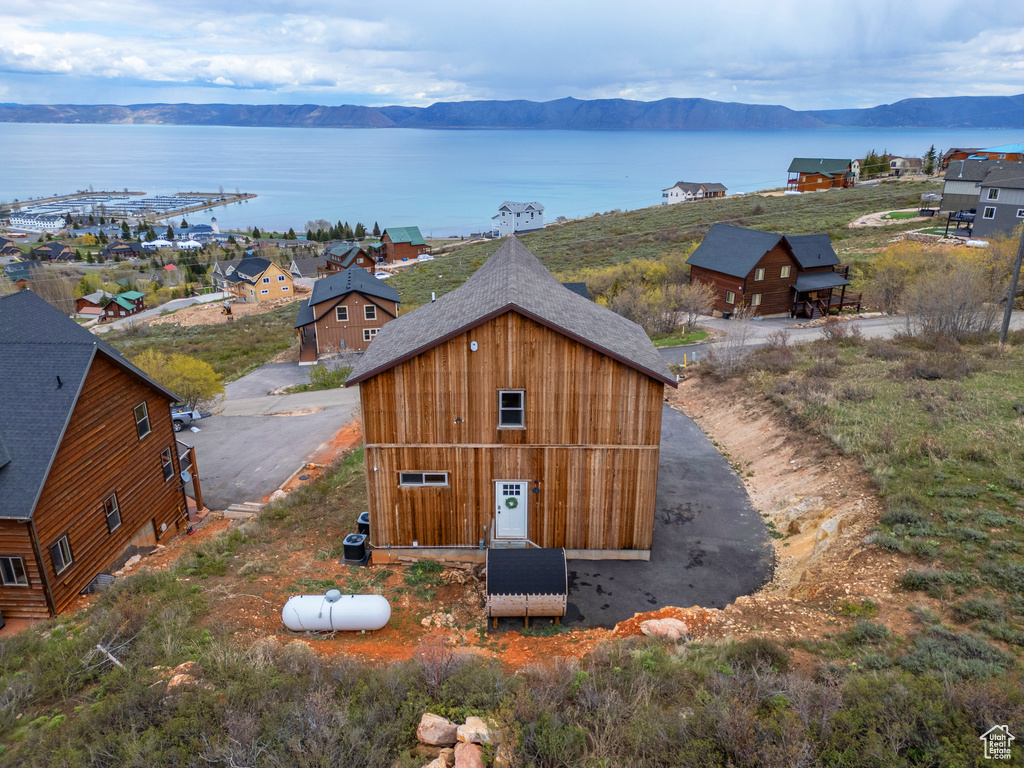 Aerial view of a water and mountain view