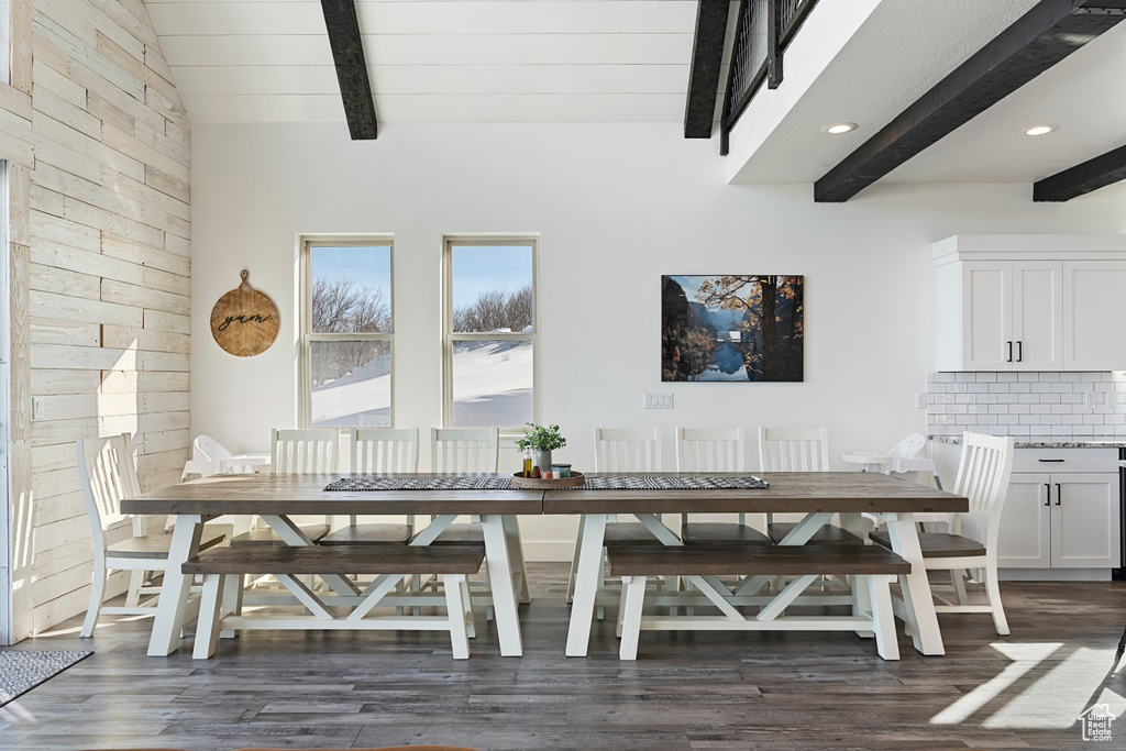 Dining room featuring dark wood-style floors and recessed lighting