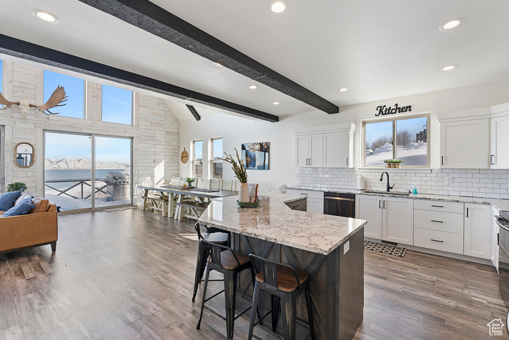 Kitchen featuring a sink, stainless steel dishwasher, healthy amount of natural light, a breakfast bar, and recessed lighting