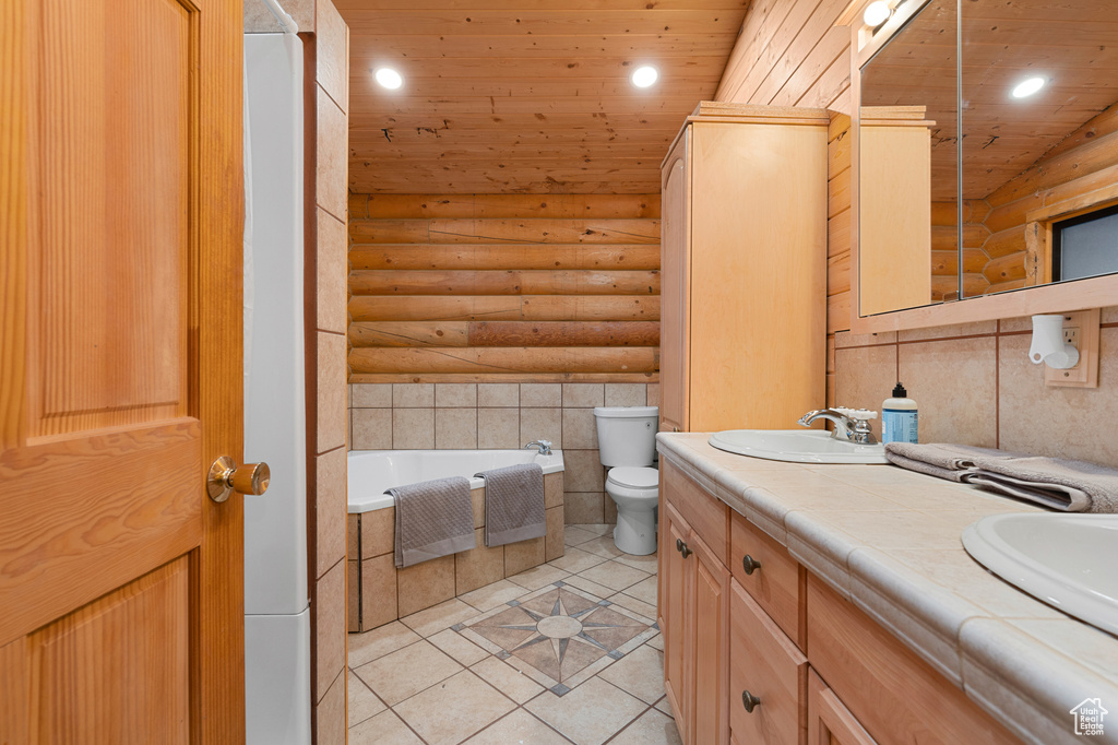 Bathroom featuring wood ceiling, tile patterned flooring, log walls, double vanity, and a tub