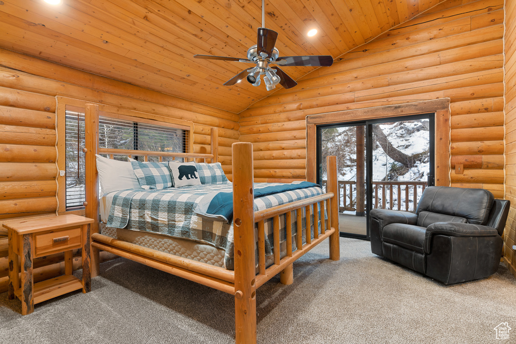 Carpeted bedroom featuring wooden ceiling, access to exterior, log walls, vaulted ceiling, and recessed lighting
