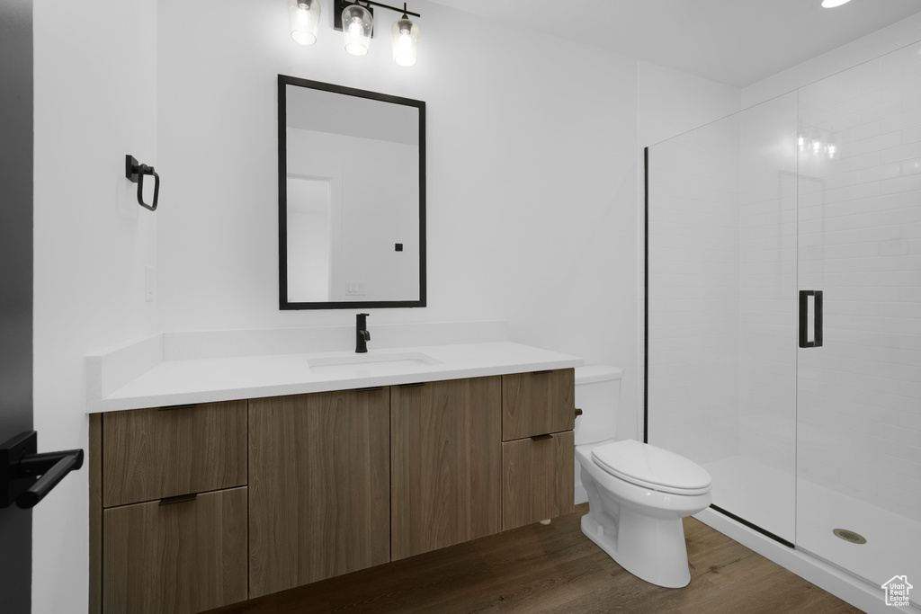 Full bath featuring vanity, wood finished floors, toilet, and a shower stall