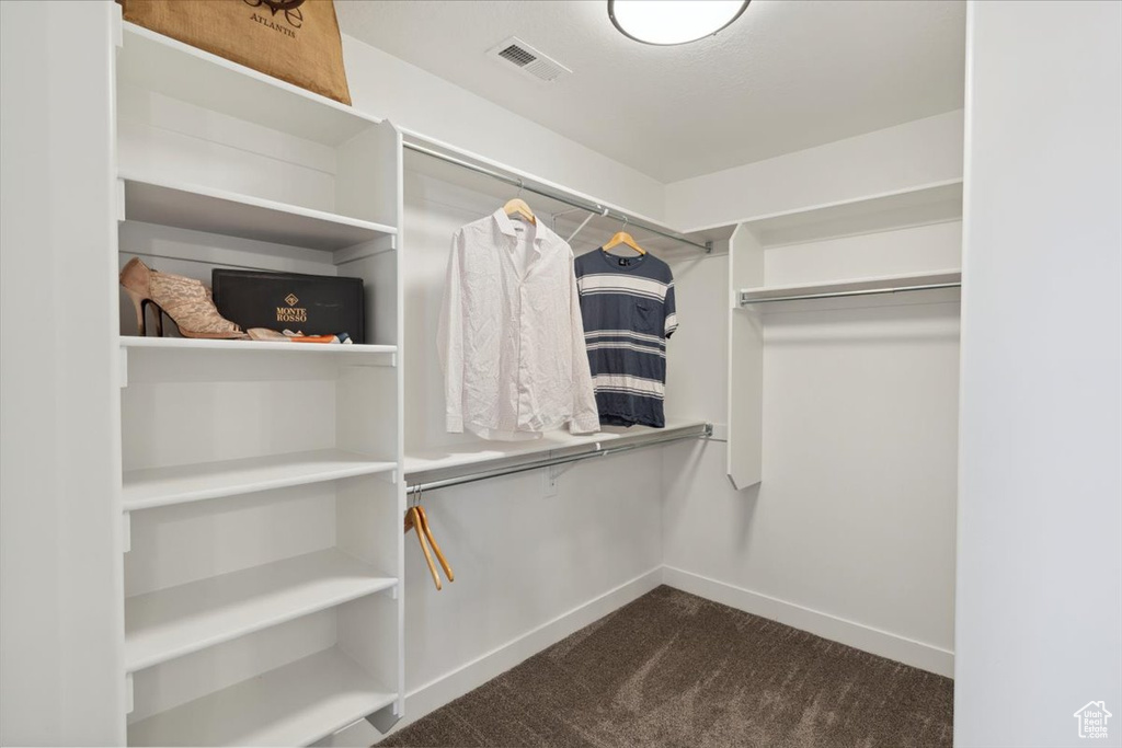 Walk in closet featuring dark carpet