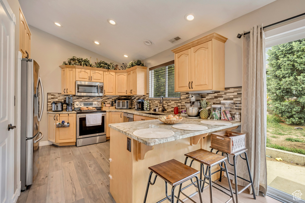 Kitchen with stainless steel appliances, a peninsula, light brown cabinetry, a sink, and healthy amount of natural light