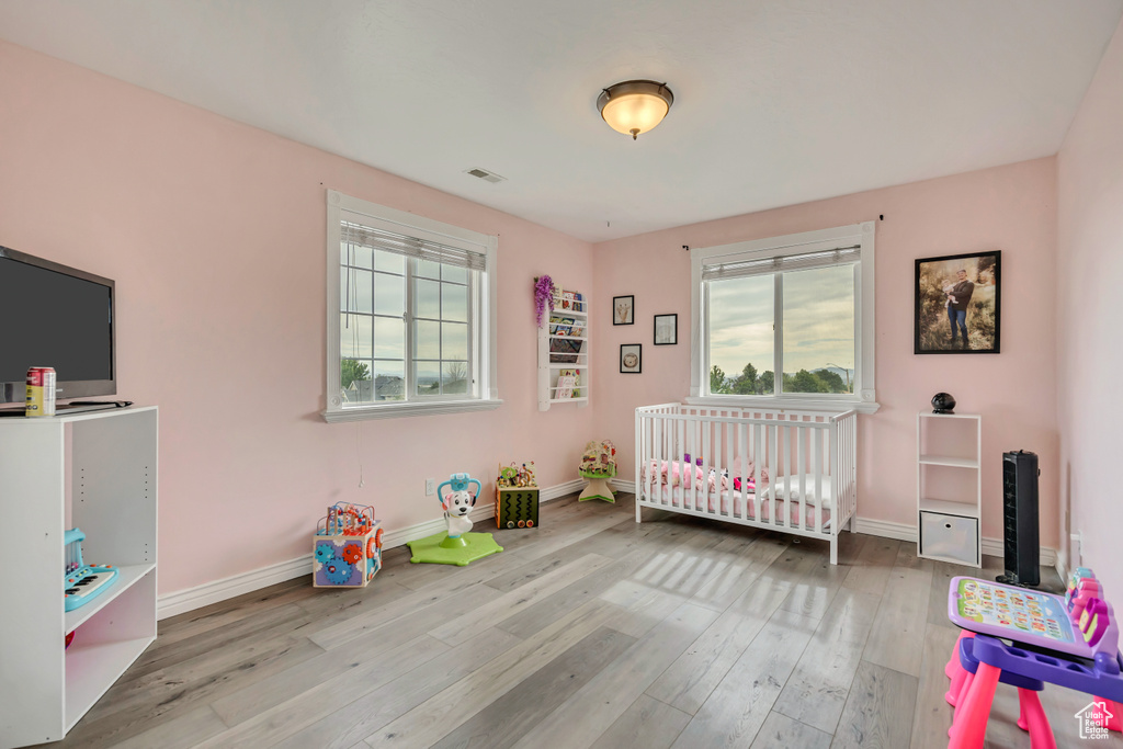 Bedroom featuring multiple windows, wood finished floors, and baseboards