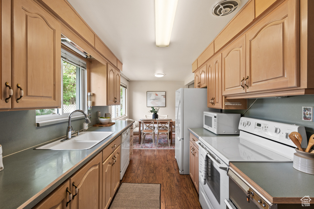 Kitchen featuring white appliances, a sink, dark wood-style floors, and light brown cabinets