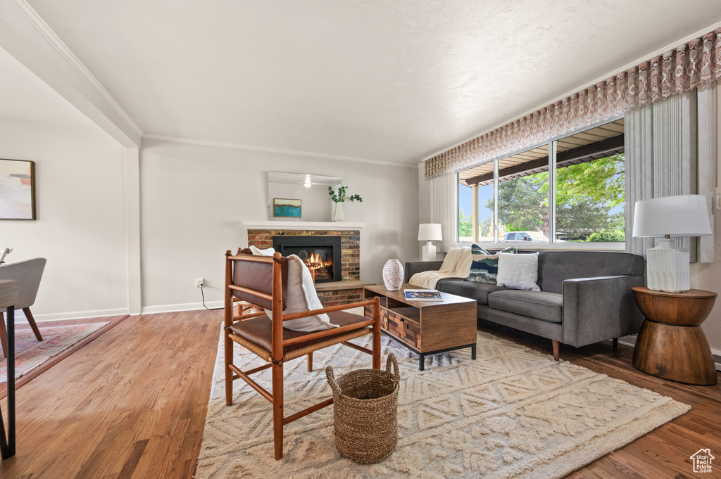 Living room with wood finished floors, a glass covered fireplace, crown molding, and baseboards