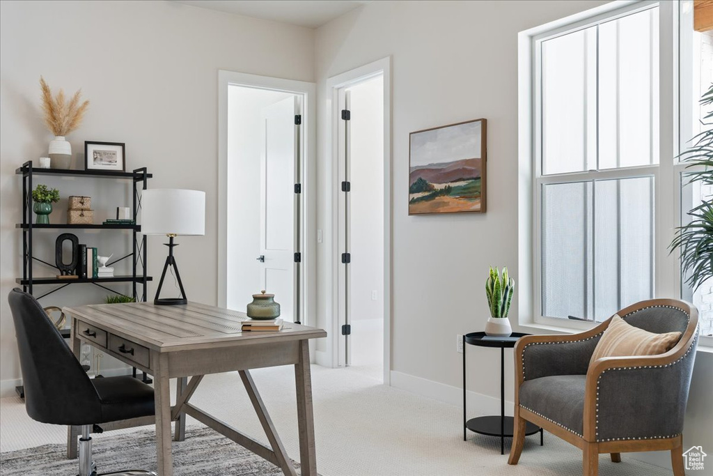 Office featuring light colored carpet, baseboards, and healthy amount of natural light