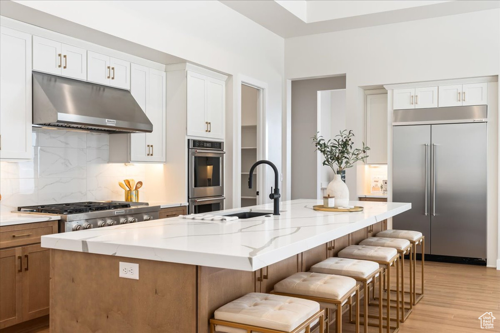Kitchen featuring appliances with stainless steel finishes, under cabinet range hood, a sink, backsplash, and light stone counters