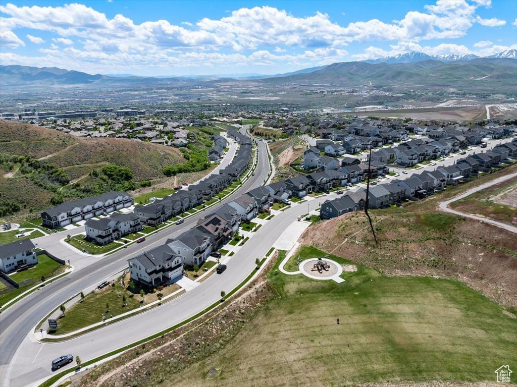 Aerial view of residential area with mountains