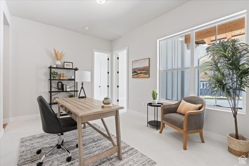 Office featuring baseboards and light carpet