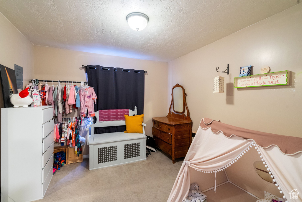 Bedroom with a textured ceiling and carpet flooring
