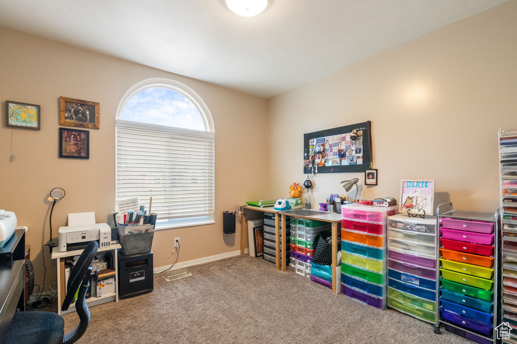 Office with carpet flooring and baseboards