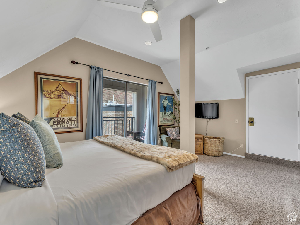 Bedroom featuring vaulted ceiling, access to exterior, carpet, ceiling fan, and baseboards