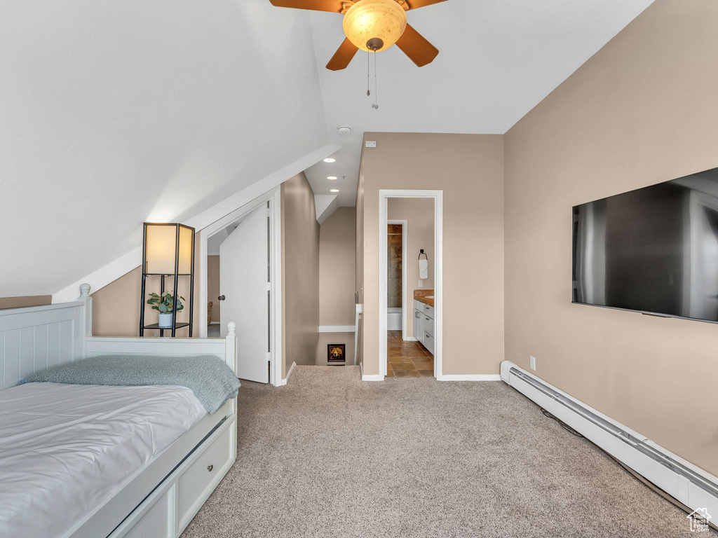 Bedroom featuring a baseboard radiator, carpet floors, lofted ceiling, baseboards, and ceiling fan