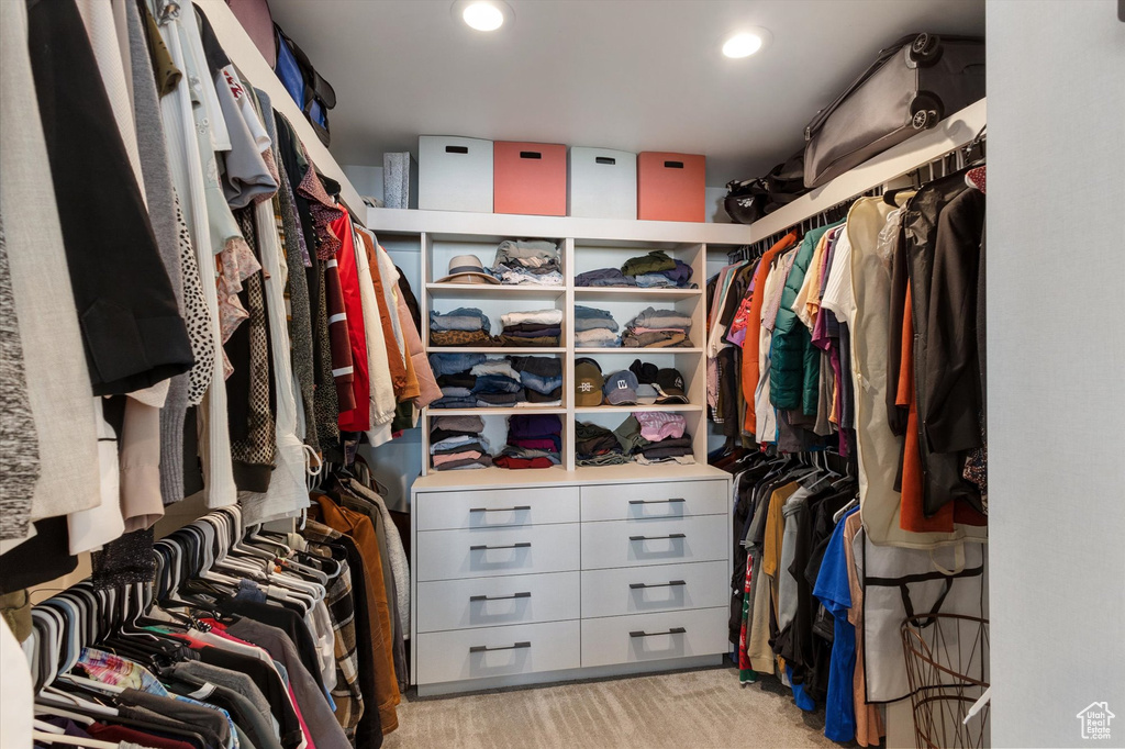 Spacious closet with light carpet