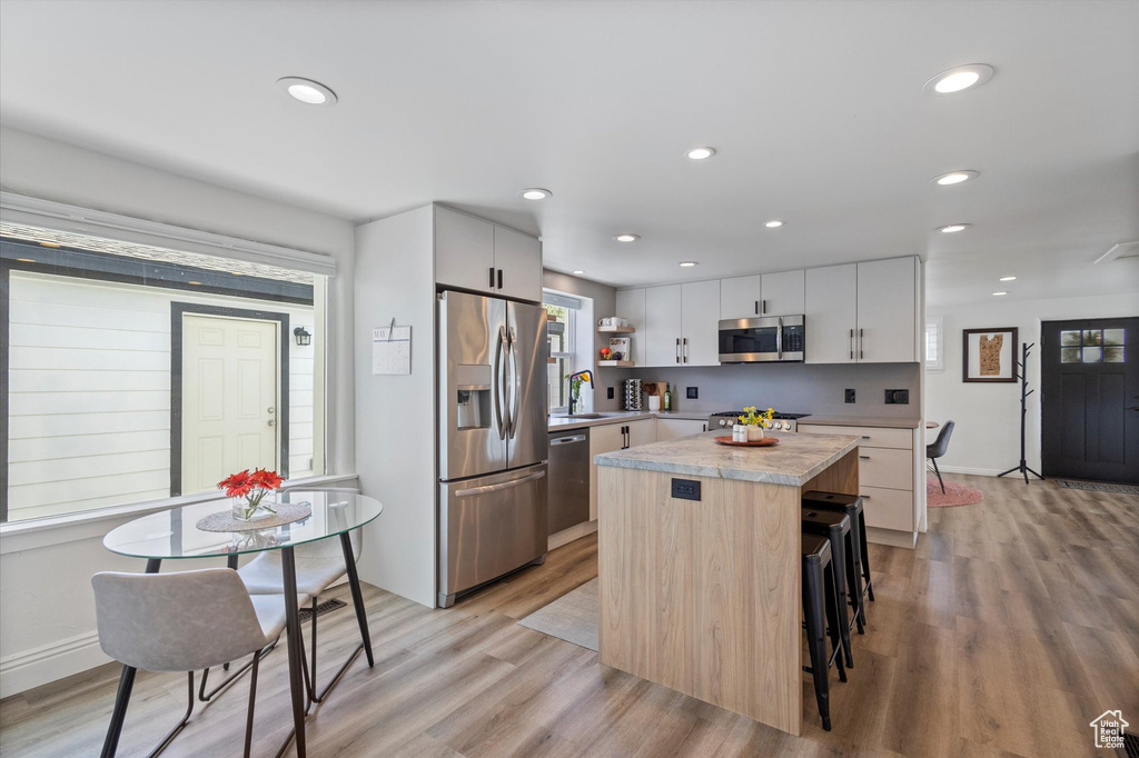 Kitchen with appliances with stainless steel finishes, plenty of natural light, light countertops, a sink, and recessed lighting