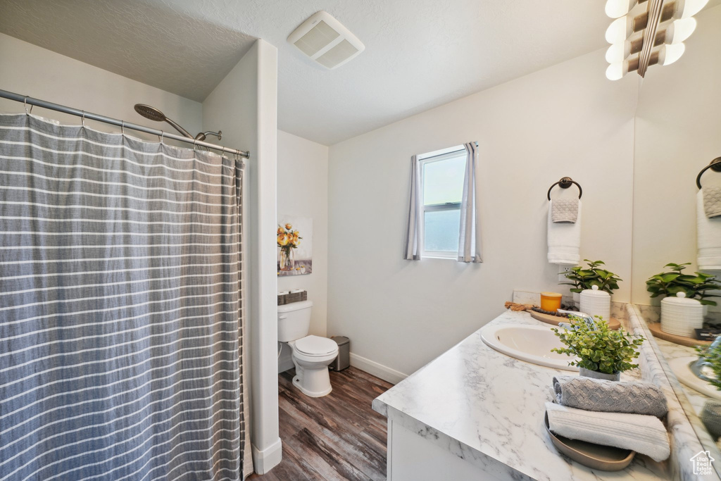 Full bathroom with vanity, toilet, wood finished floors, baseboards, and curtained shower