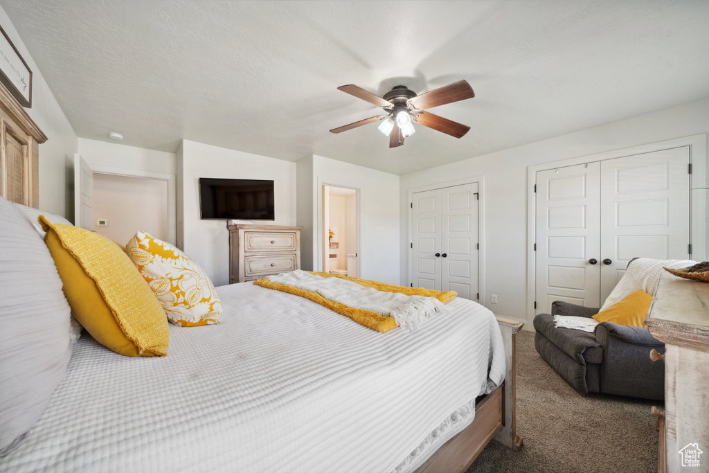 Bedroom with two closets, carpet, and a ceiling fan