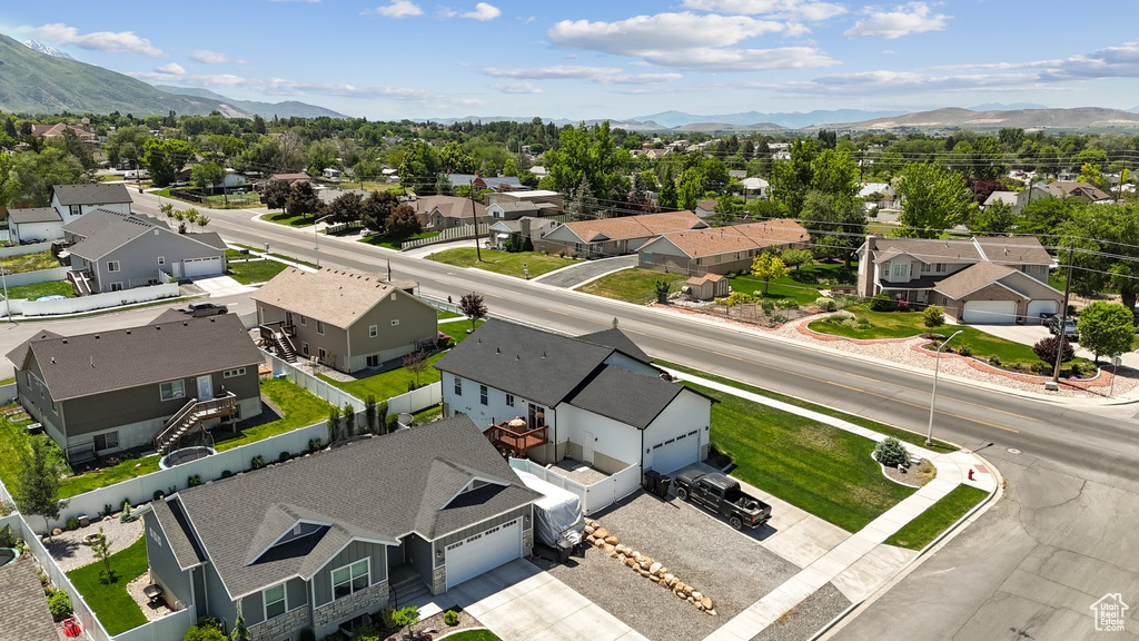 Aerial perspective of suburban area with mountains