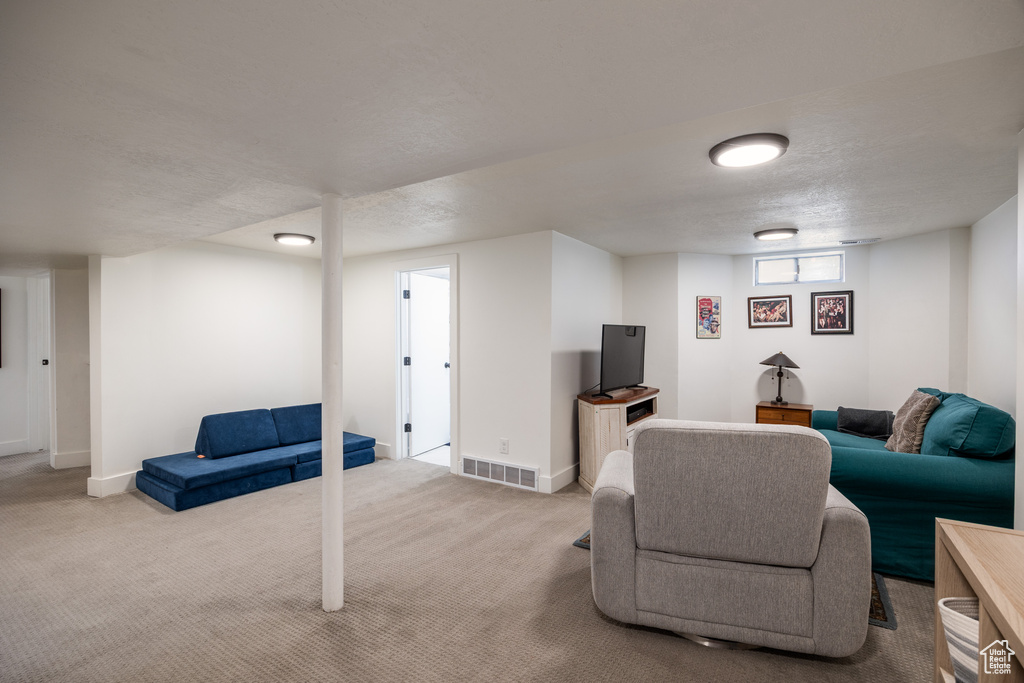 Living room featuring carpet, baseboards, and a textured ceiling