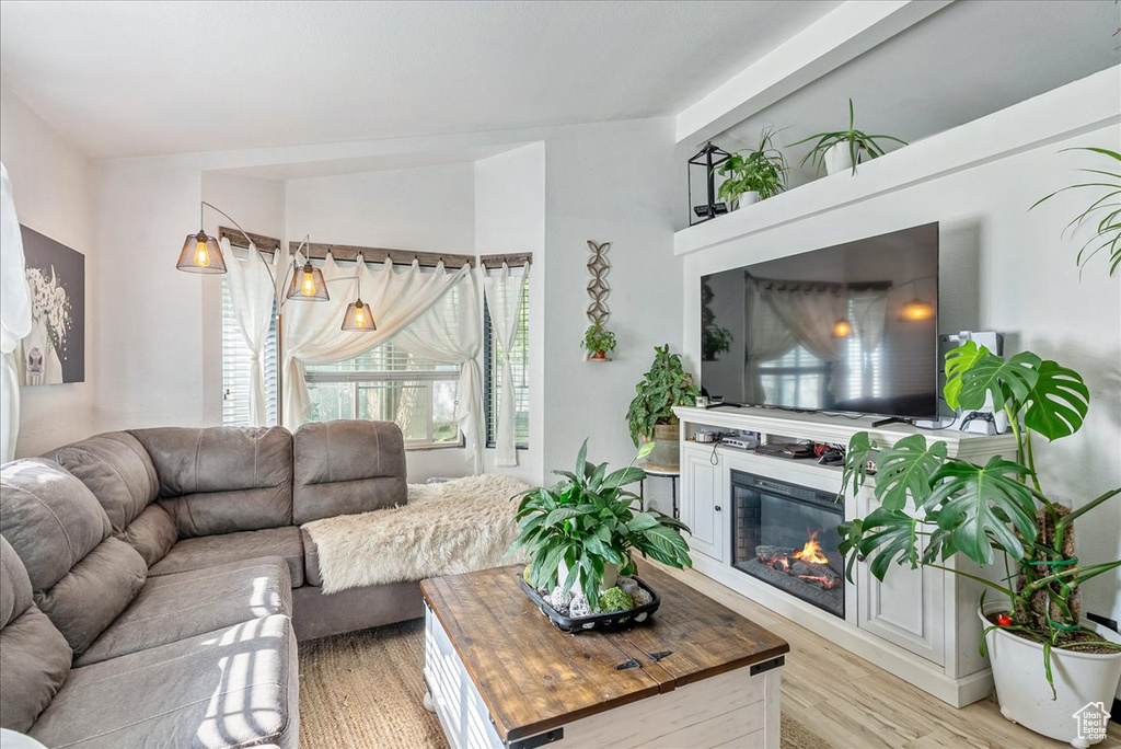 Living area with light wood-type flooring and a glass covered fireplace