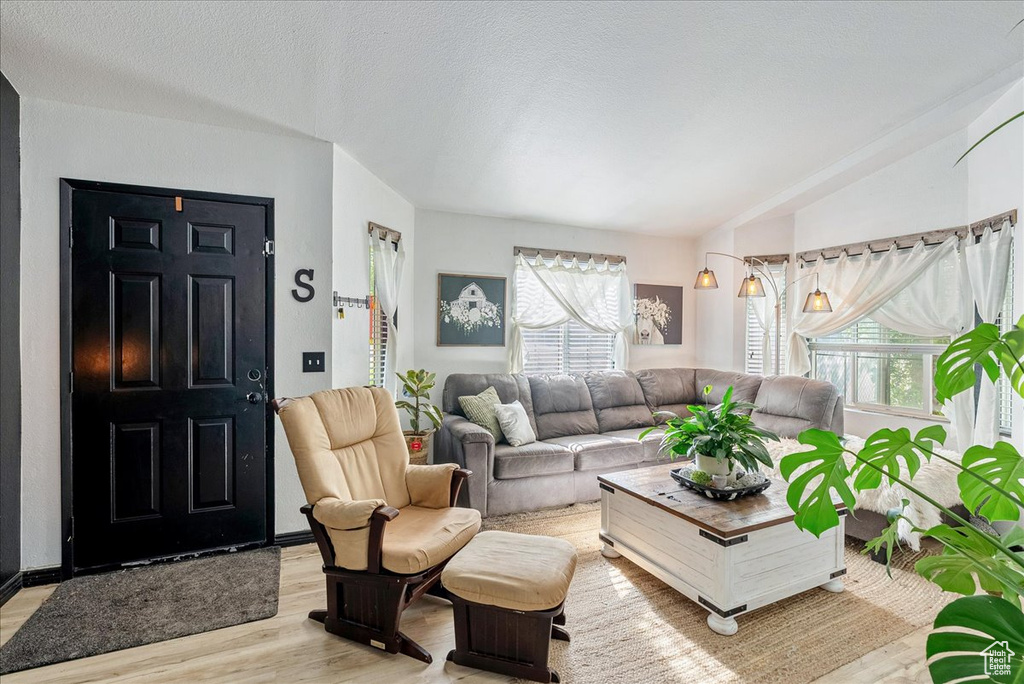 Living area with light wood-style flooring and vaulted ceiling