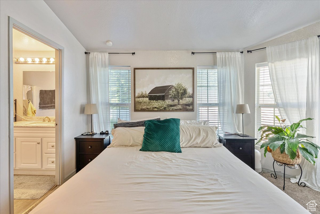 Carpeted bedroom with ensuite bathroom and a sink