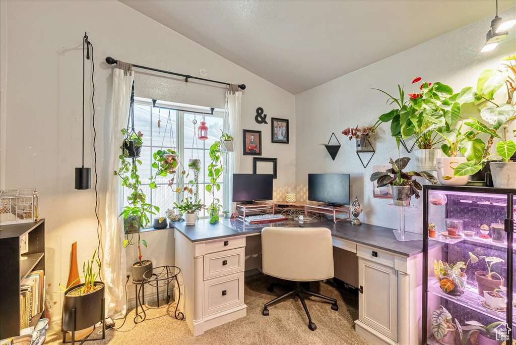 Office area featuring vaulted ceiling and light colored carpet