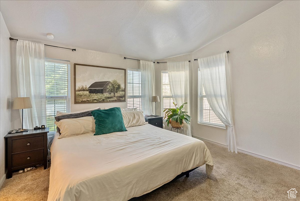 Bedroom featuring light colored carpet, multiple windows, vaulted ceiling, and baseboards