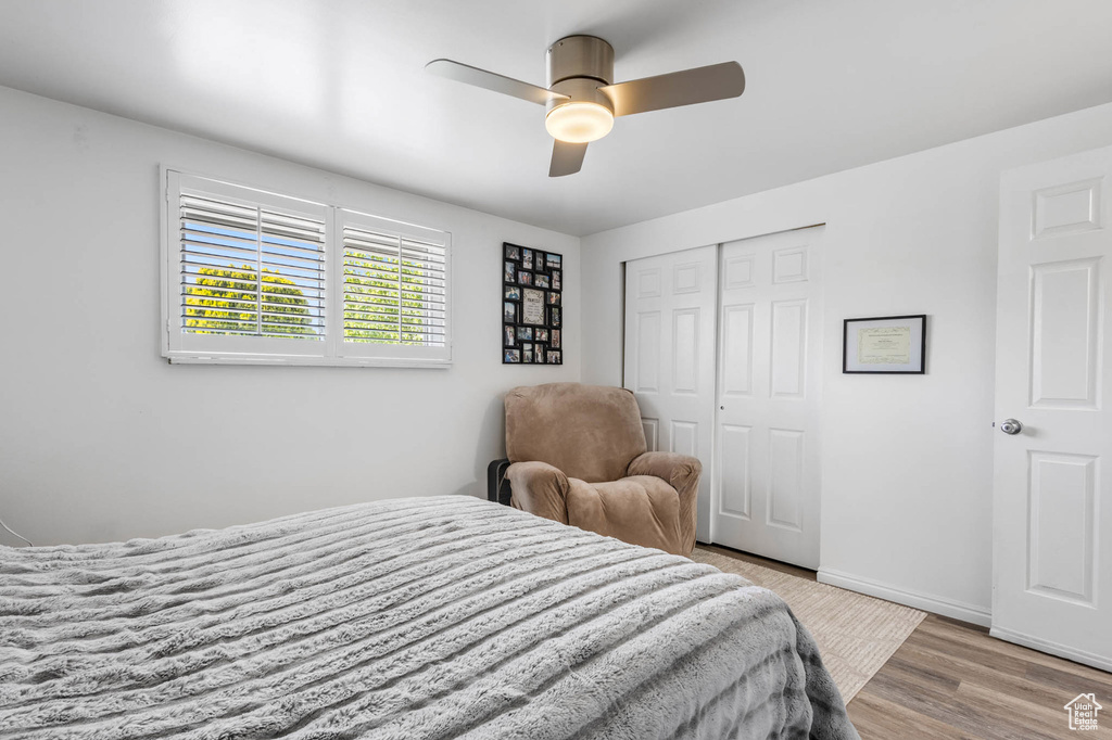 Bedroom with a closet, wood finished floors, a ceiling fan, and baseboards